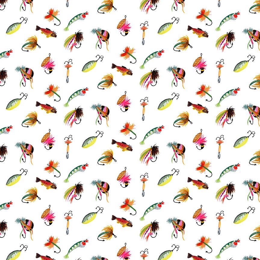 A repeating pattern of colorful fishing lures and hooks on a plain white background, including yellow-green hardbaits, pink and orange feathered flies, and black treble hooks.