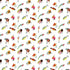 A repeating pattern of colorful fishing lures and hooks on a plain white background, including yellow-green hardbaits, pink and orange feathered flies, and black treble hooks.