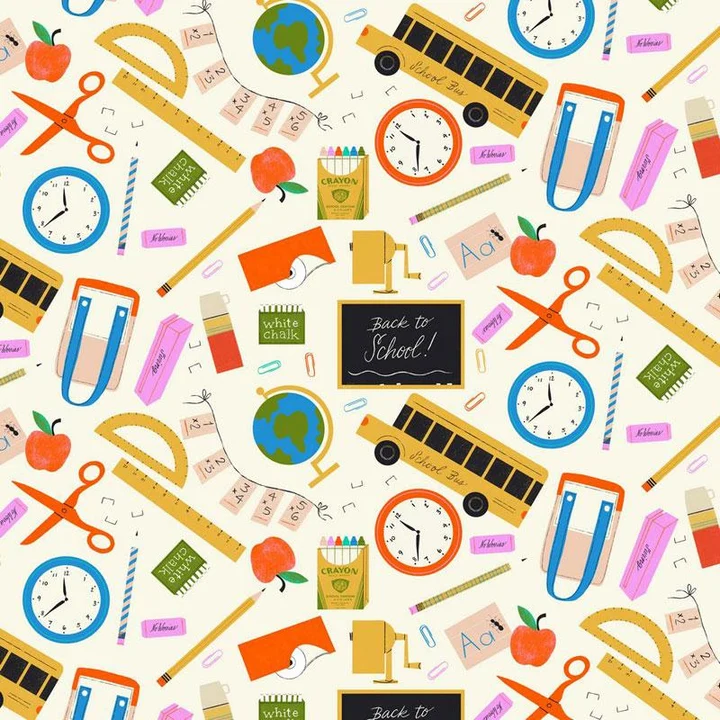 A repeating 'Back to School' themed pattern featuring school supplies and objects like yellow school buses, orange scissors, blue rulers, green rulers, globe illustrations, apples, pencils, notebooks, and chalkboard signs on a cream background.