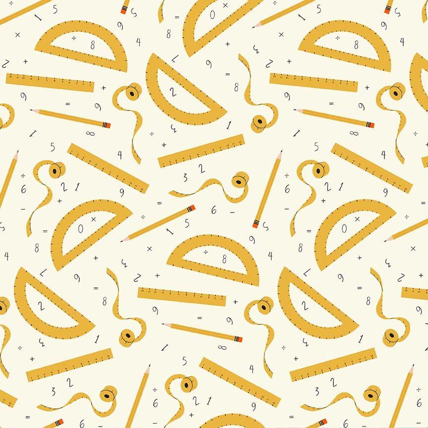 A repeating pattern of school and measurement-themed illustrations on a warm cream background, including yellow rulers, protractors, measuring tapes, pencils, and small black numbers and symbols.