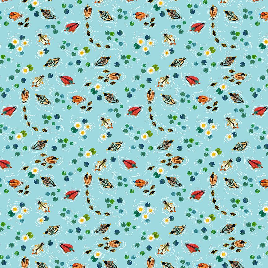 A repeating pattern of small illustrated ducks, white flowers, and scattered dots on a light blue background.