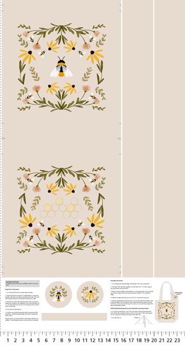 Fabric FIGO Cream Tote Humblebee Panel C91130-11