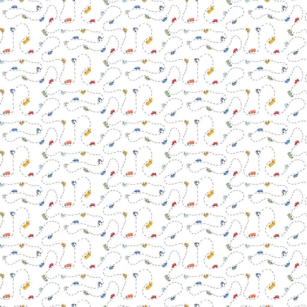 Fabric FIGO White Small Cars Mini Metropolis by the Quarter Yard 91190-10