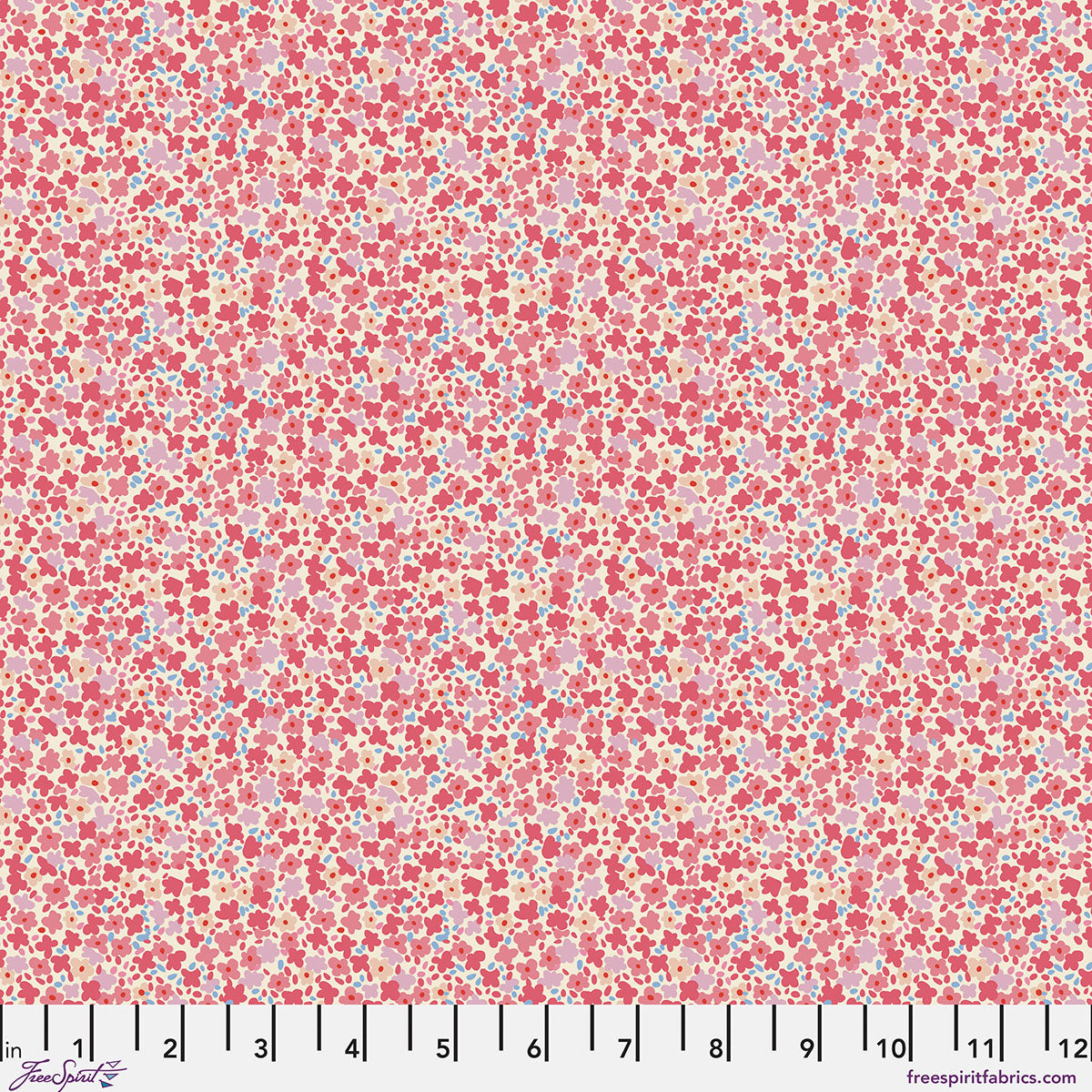 Floral pattern fabric swatch with a ruler at the bottom