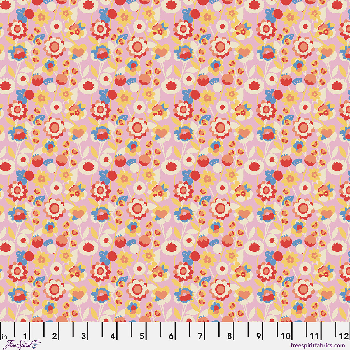 Colorful floral pattern on a pink background with a ruler at the bottom.