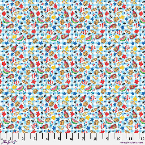 Fabric FreeSpirit Blue America's Birthday Cookout Happy Birthday, America! by the Quarter Yard PWMY030.BLUE