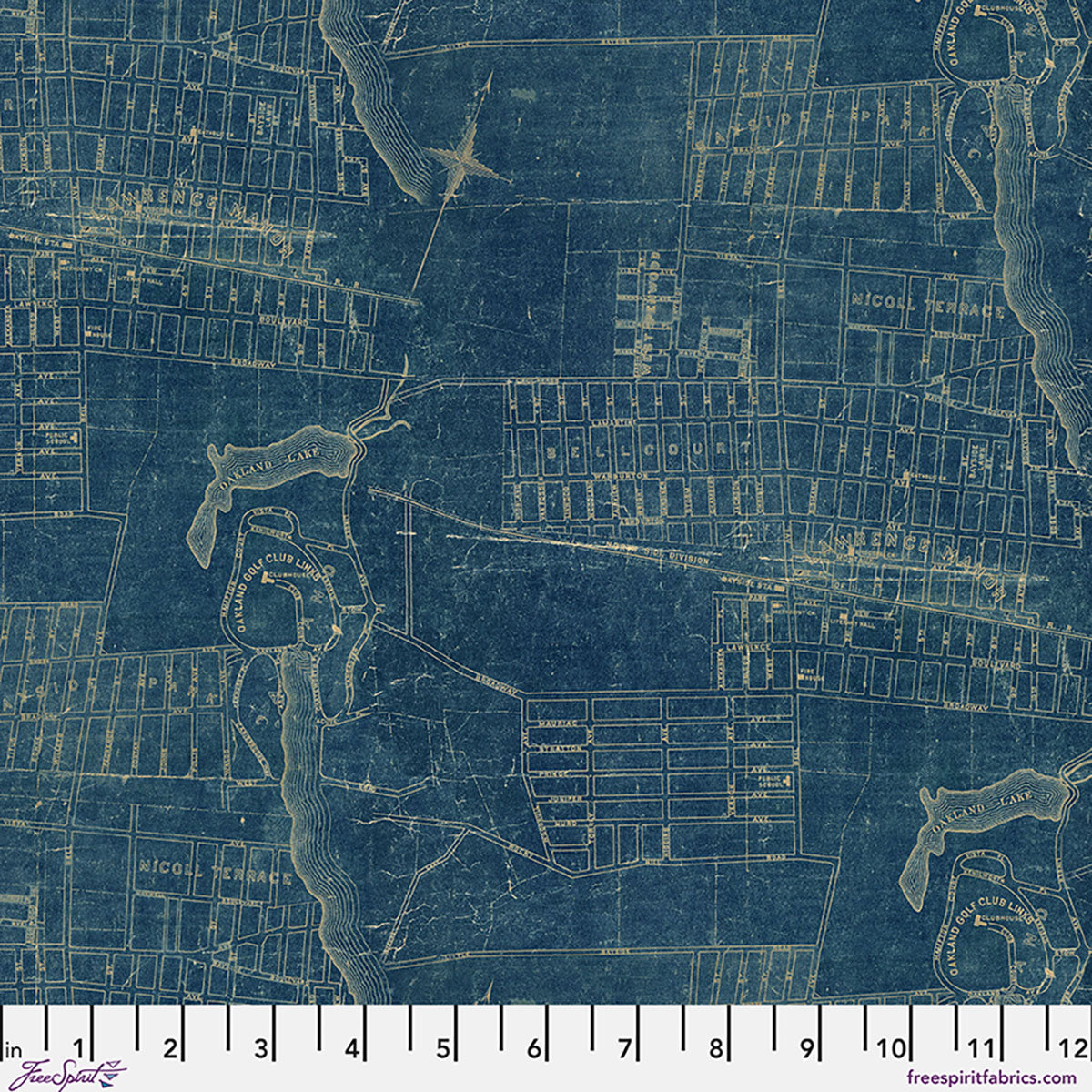 Vintage blueprint pattern with a ruler at the bottom, featuring geometric shapes and text.