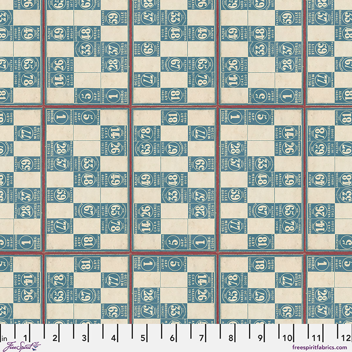 Fabric pattern with numbers in blue and beige squares, measured by a ruler at the bottom.