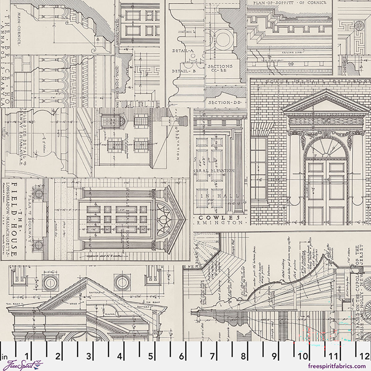 Fabric with architectural blueprints and measurements on a beige background