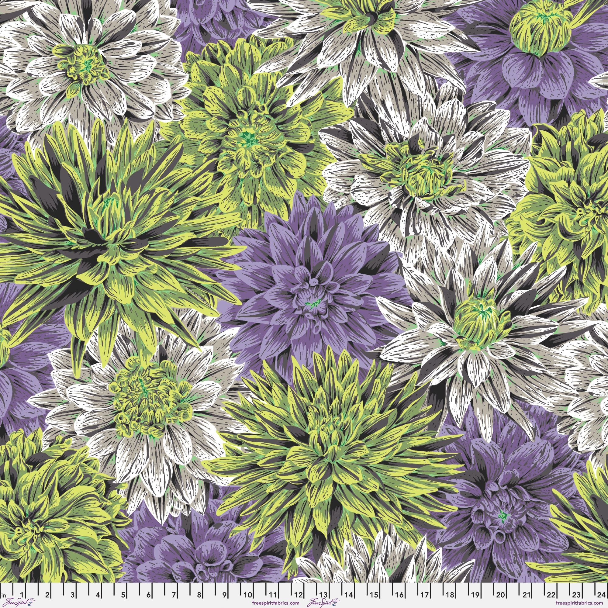 A close-up of a floral pattern featuring large chrysanthemums in purple, lime green, and white, with a white ruler along the bottom edge showing scale.