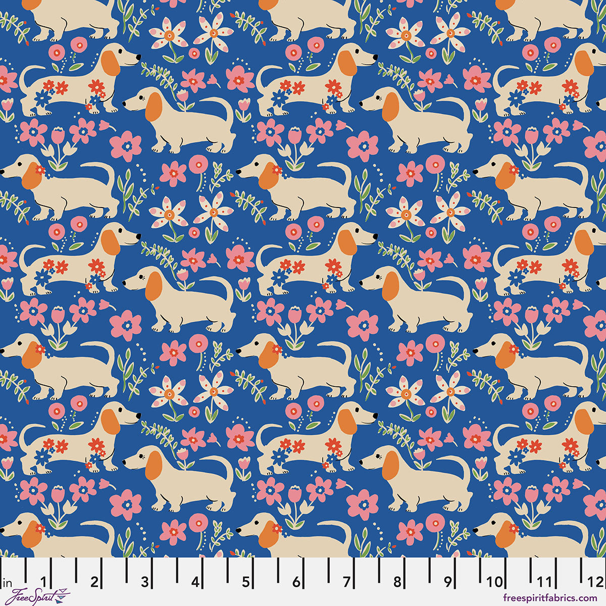 Pattern of dachshunds and flowers on a blue background with a ruler at the bottom.