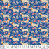 Pattern of dachshunds and flowers on a blue background with a ruler at the bottom.