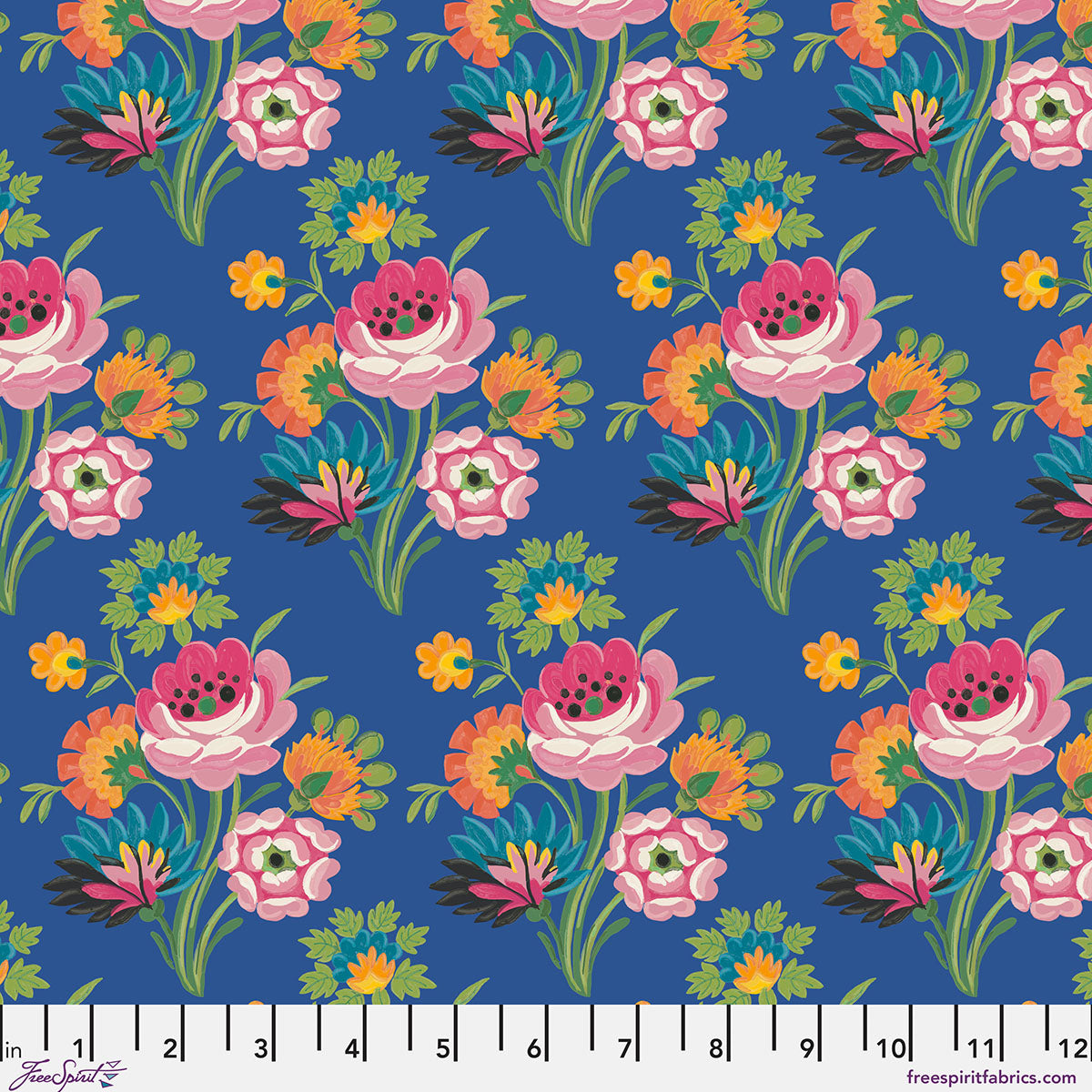 Colorful floral fabric pattern on a blue background