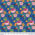 Colorful floral fabric pattern on a blue background