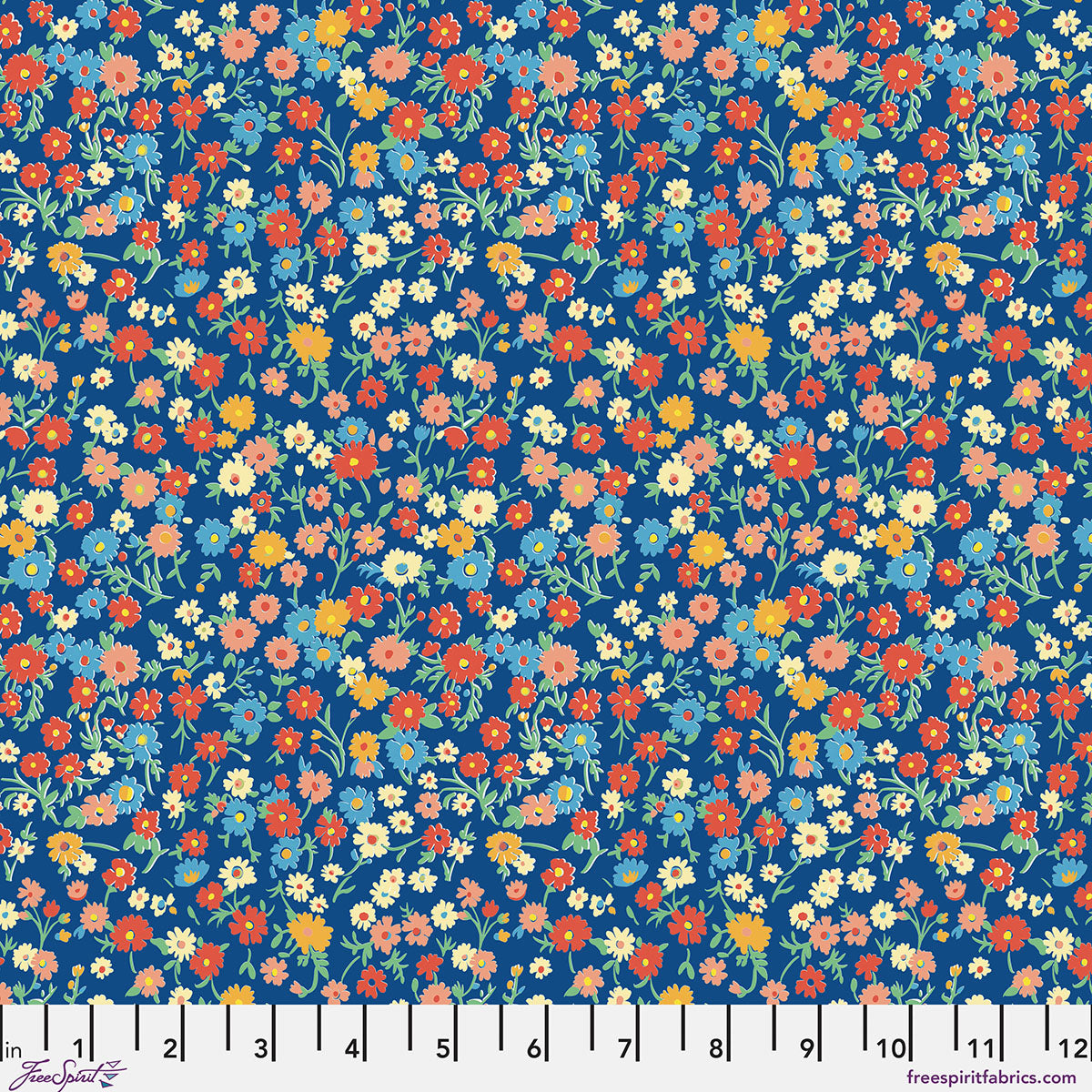 Colorful floral pattern on a blue background with a ruler at the bottom.