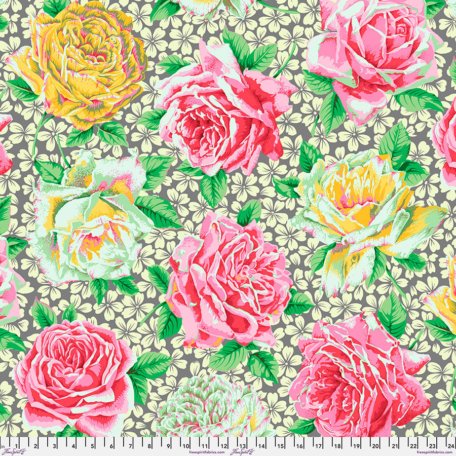 Fabric FreeSpirit Gray Rose Bloom Kaffe Fassett Collective February 2026 by the Quarter Yard PWPJ077.GREY
