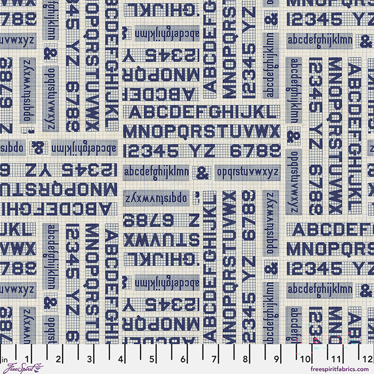 Textile fabric with a grid pattern of letters, numbers, and symbols.