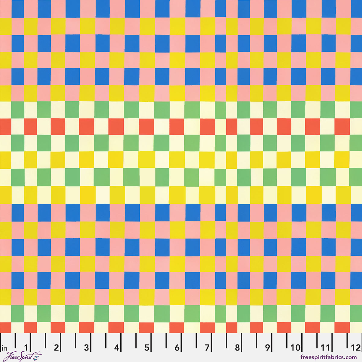 Colorful checkered pattern fabric with a ruler at the bottom