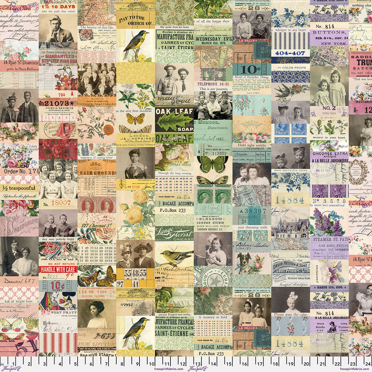 Collage of vintage advertisements and images with a ruler at the bottom.