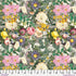 Floral pattern with pink, yellow, and purple flowers on a fabric swatch.