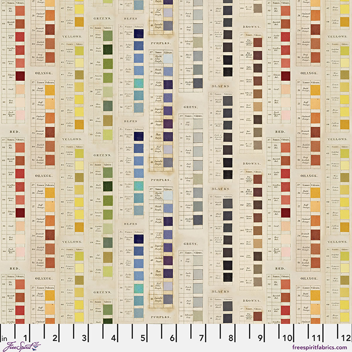Color swatch chart with various color samples and labels on a beige background
