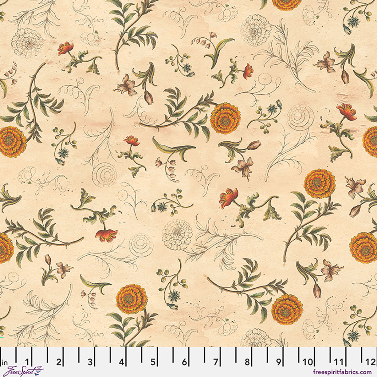 Floral pattern with orange flowers on a beige background