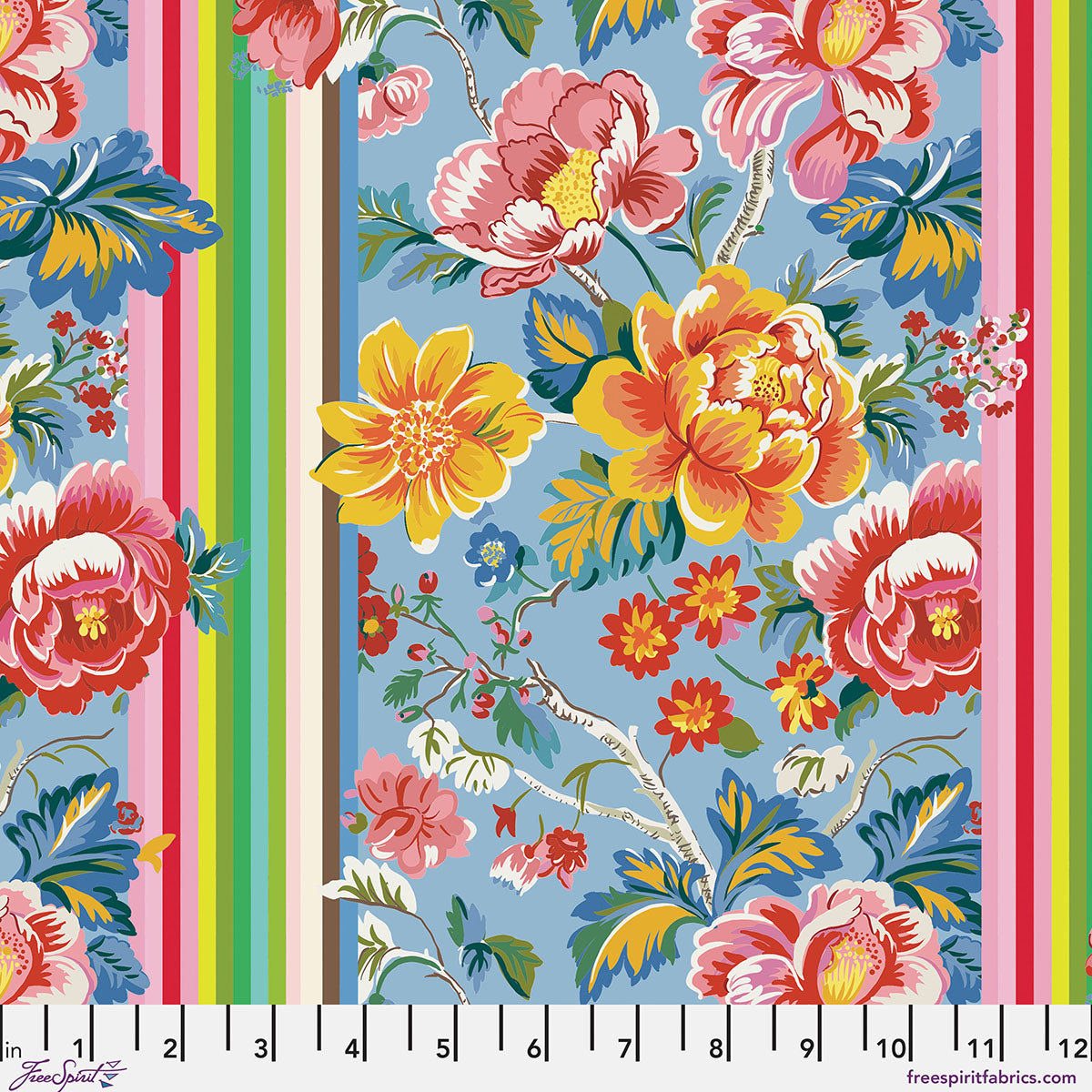 Colorful floral pattern with vertical stripes on a fabric swatch