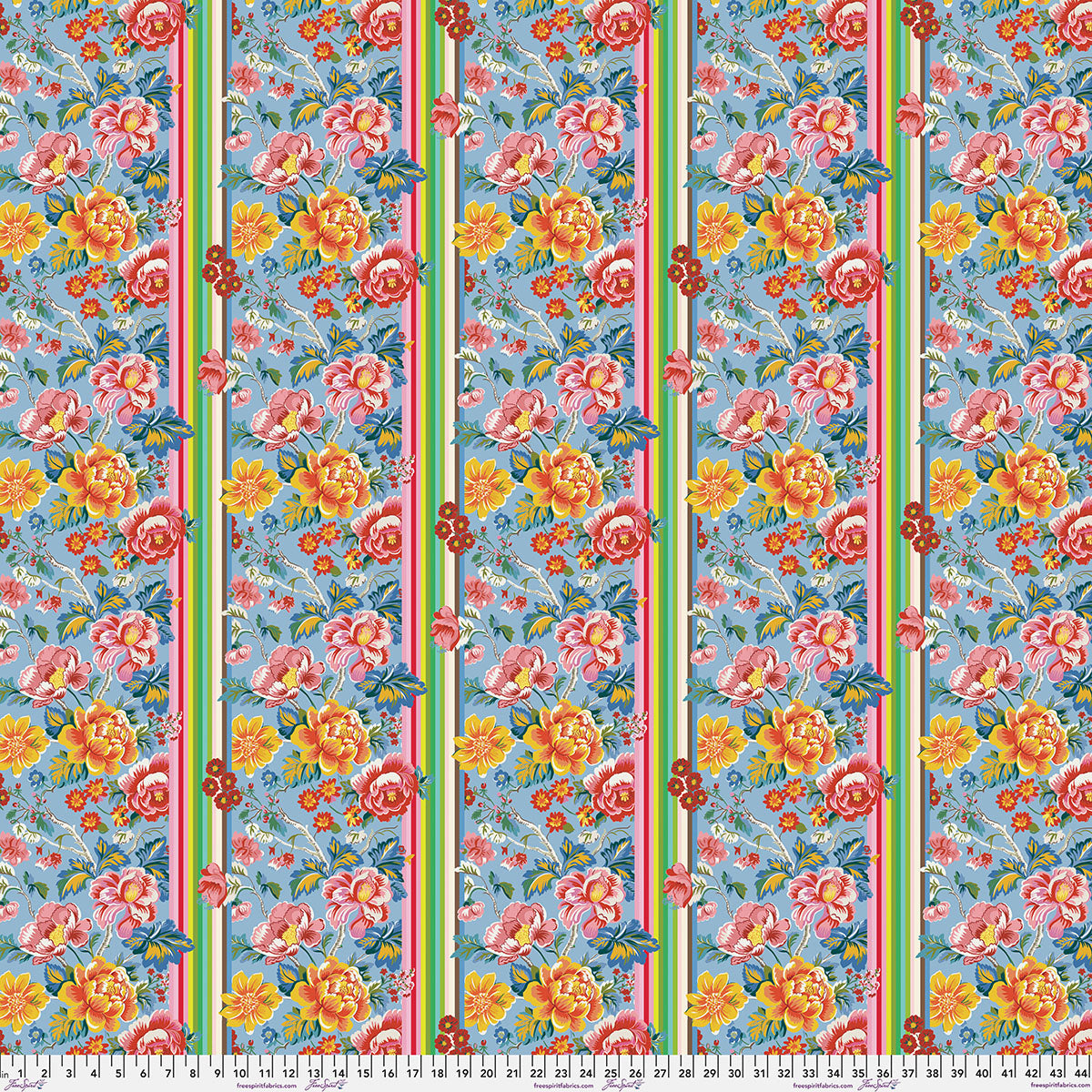 Floral pattern with vertical stripes on a blue background