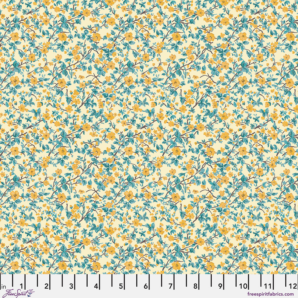 Floral pattern fabric swatch with yellow and blue flowers on a beige background