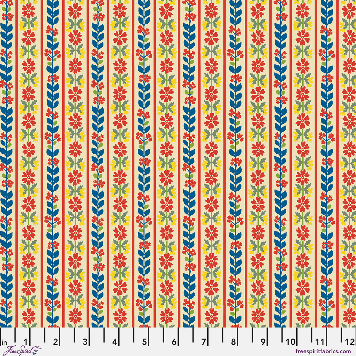 Colorful striped pattern with floral elements on a fabric swatch.