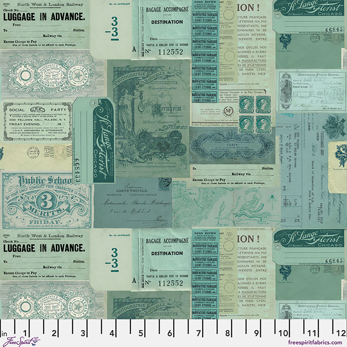 Collage of vintage travel documents and tickets in teal and gray tones.