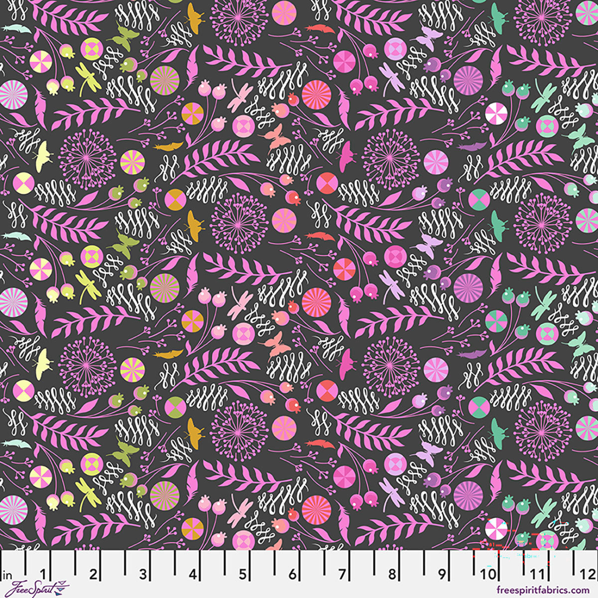 Floral pattern fabric swatch with pink, purple, and green on a dark background