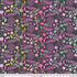 A repeating floral and botanical pattern on a dark charcoal background, featuring pink, purple, orange, yellow, and mint green motifs including leaves, flowers, butterflies, and abstract shapes. A small ruler scale appears along the bottom edge.