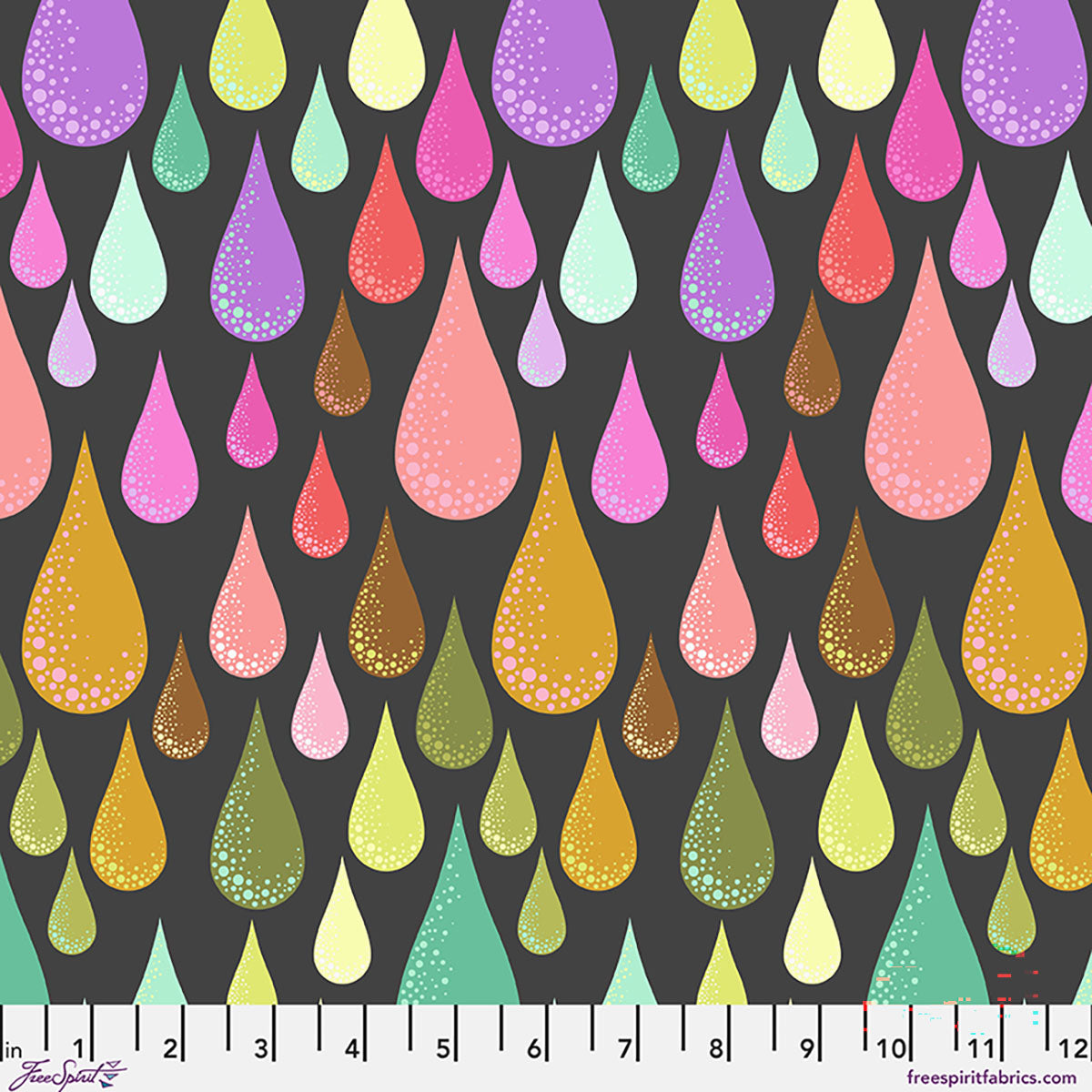 Colorful raindrop pattern on a dark background with a fabric swatch at the bottom.