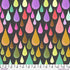 Colorful raindrop pattern on a dark background with a fabric swatch at the bottom.