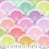 A repeating fabric pattern featuring scalloped fan shapes in pastel rainbow colors with intricate mandala-style detailing, shown on a white background with a ruler along the bottom for scale.