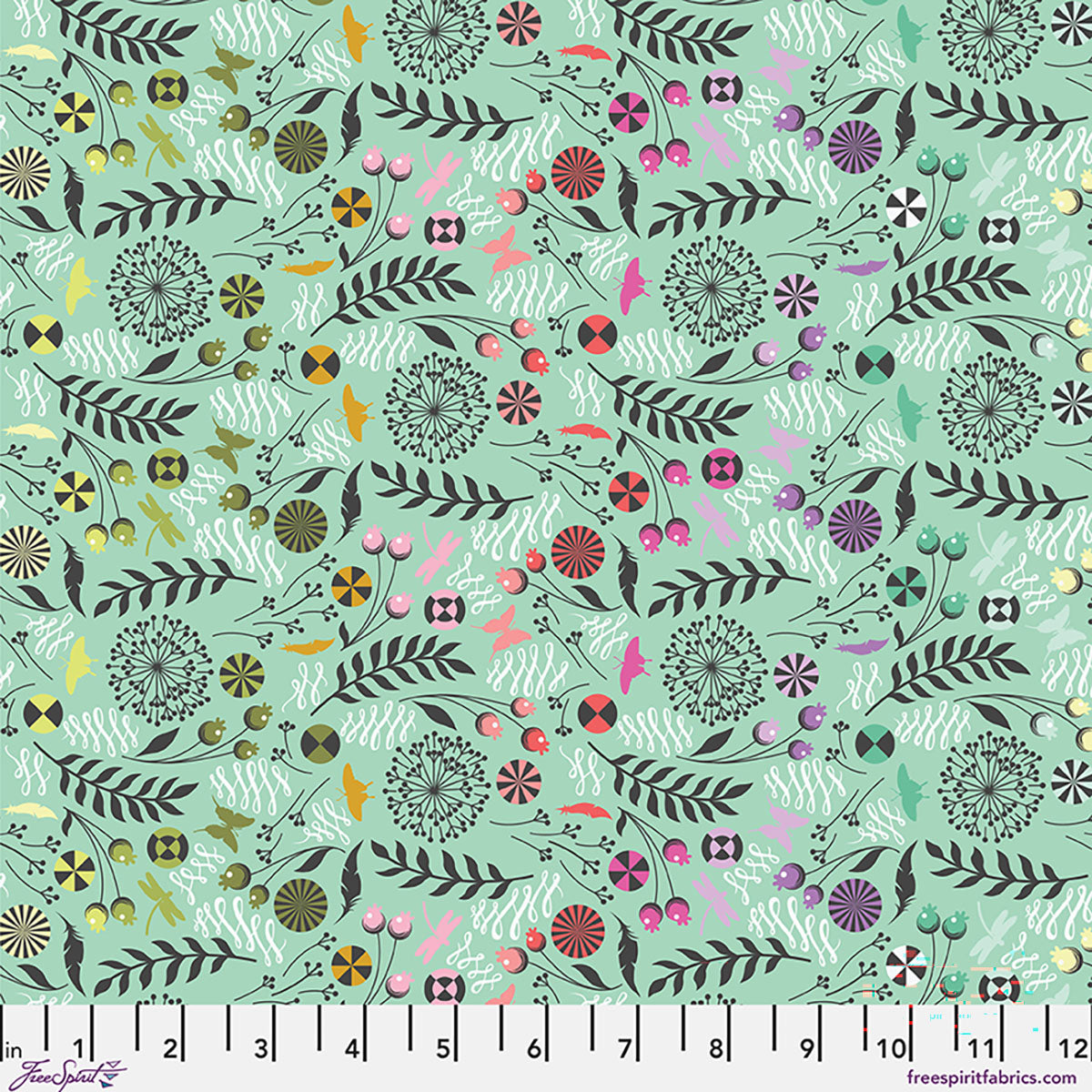 Floral and leaf pattern on a teal background with a ruler at the bottom.