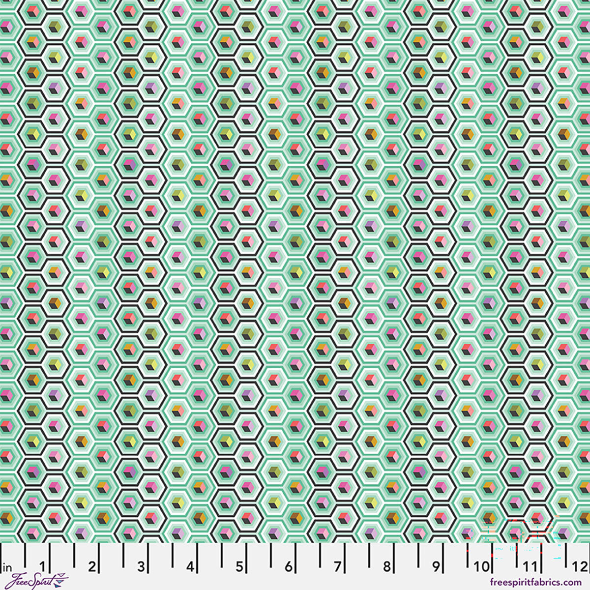 Hexagonal pattern fabric swatch with colorful design on a green background