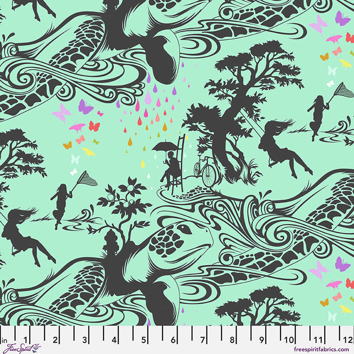 Fabric pattern with black silhouettes of people and nature on a light green background, featuring a ruler at the bottom.