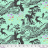 Fabric pattern with black silhouettes of people and nature on a light green background, featuring a ruler at the bottom.