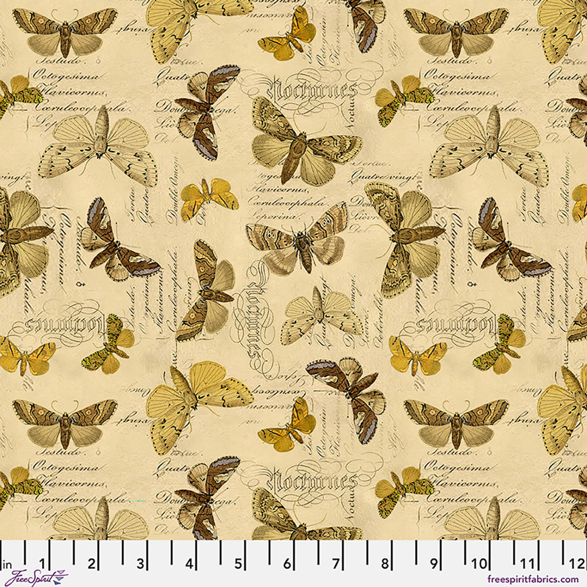 Butterfly pattern fabric with text on a beige background