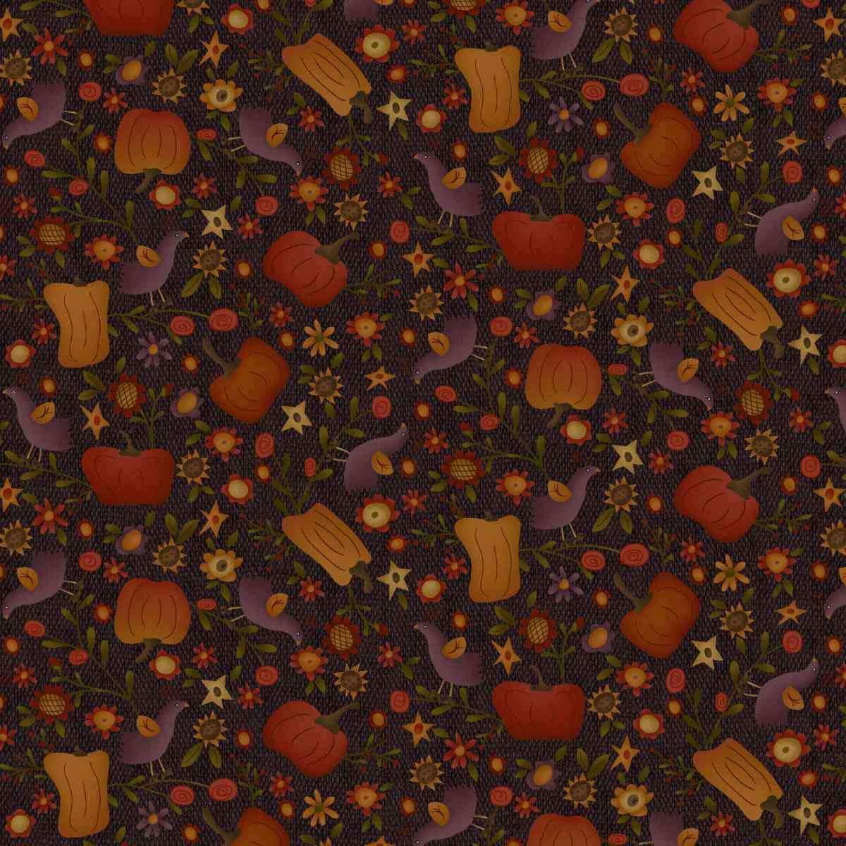 Fabric Henry Glass Black/Brown Pumpkins and Flowers Bountiful Blessings by the Quarter Yard 3632-93