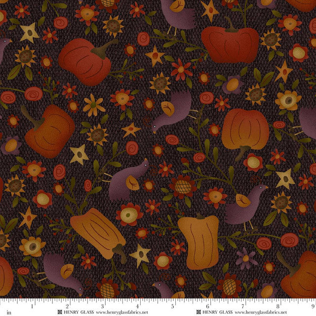 Fabric Henry Glass Black/Brown Pumpkins and Flowers Bountiful Blessings by the Quarter Yard 3632-93