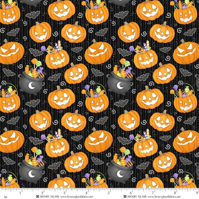Fabric Henry Glass Black Small Pumpkin Glow in the Dark Moonlight Mischief by the Quarter Yard 2555G-9