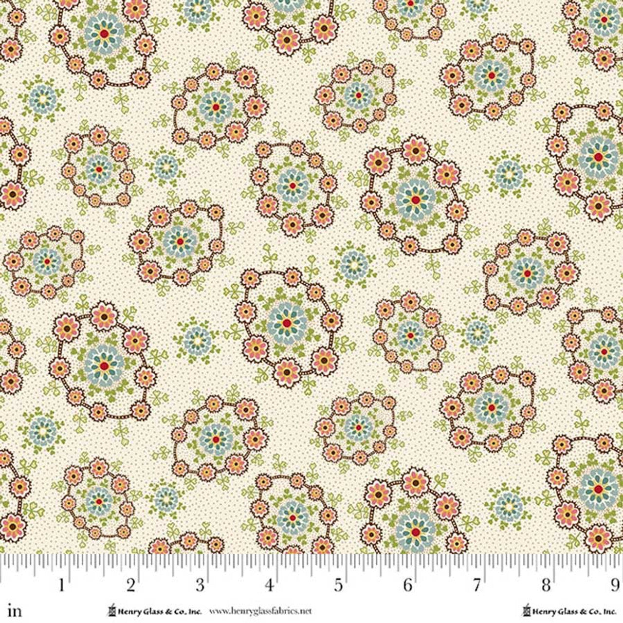 Fabric Henry Glass Cream Floral Wreaths Candlelight & Romance 118" Wide Back by the Quarter Yard 2308-41