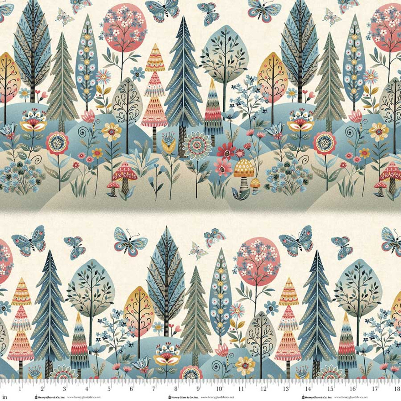 Fabric Henry Glass Cream Forest Border Stripe Norwegian Forest by the Quarter Yard 3550-44