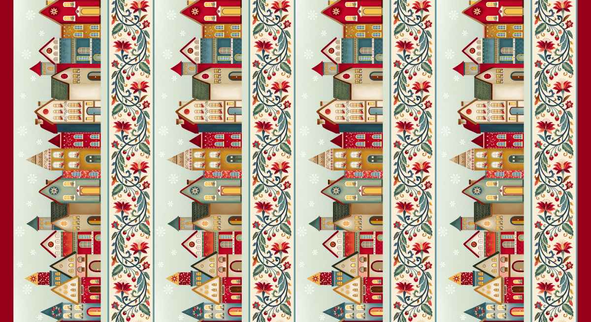 Patterned border fabric with colorful houses and decorative elements on a red and blue background