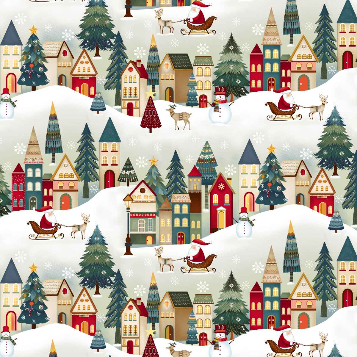 Christmas-themed pattern with houses, trees, and Santa Claus in a snowy village setting.