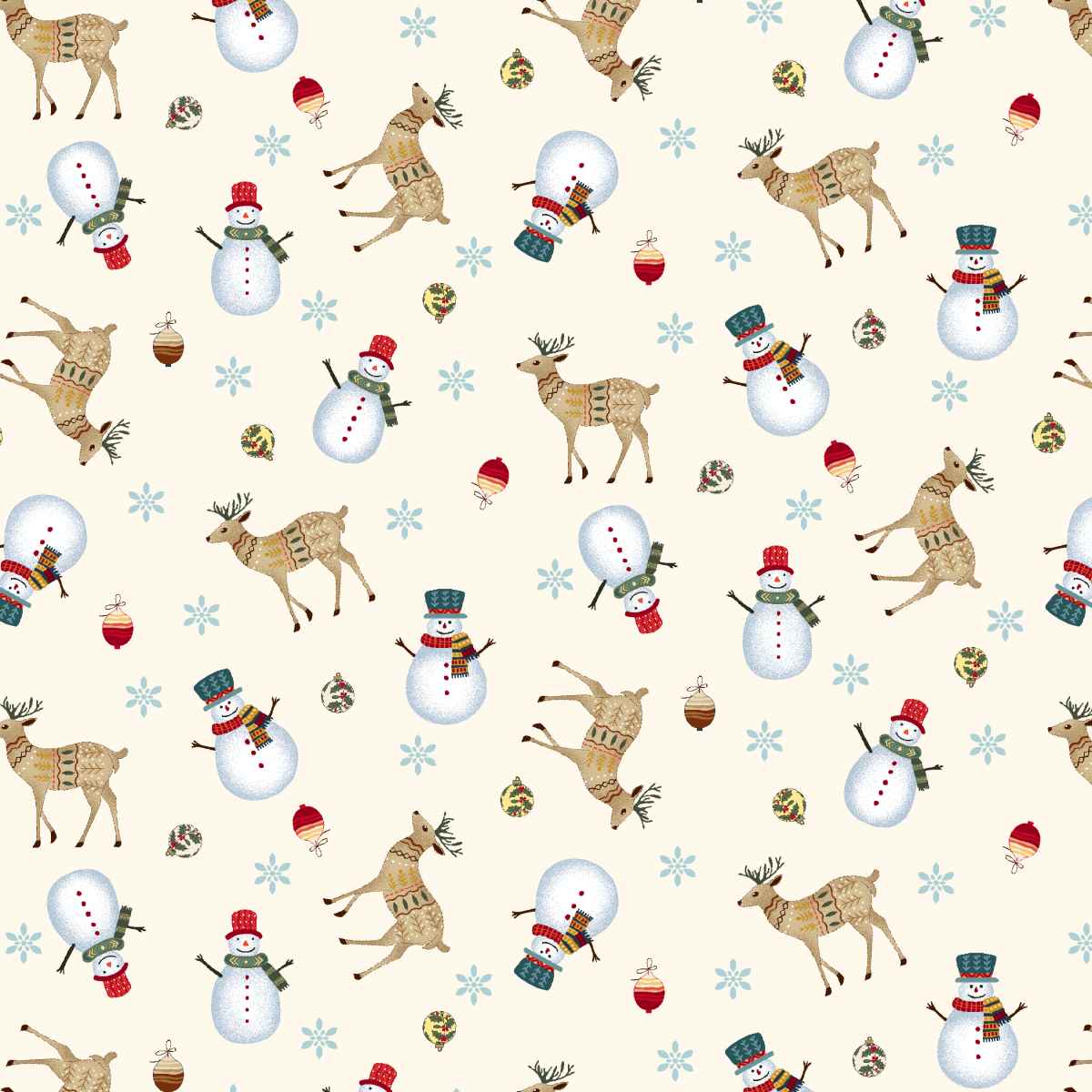 Christmas-themed fabric pattern with reindeer, snowmen, and snowflakes on a beige background.