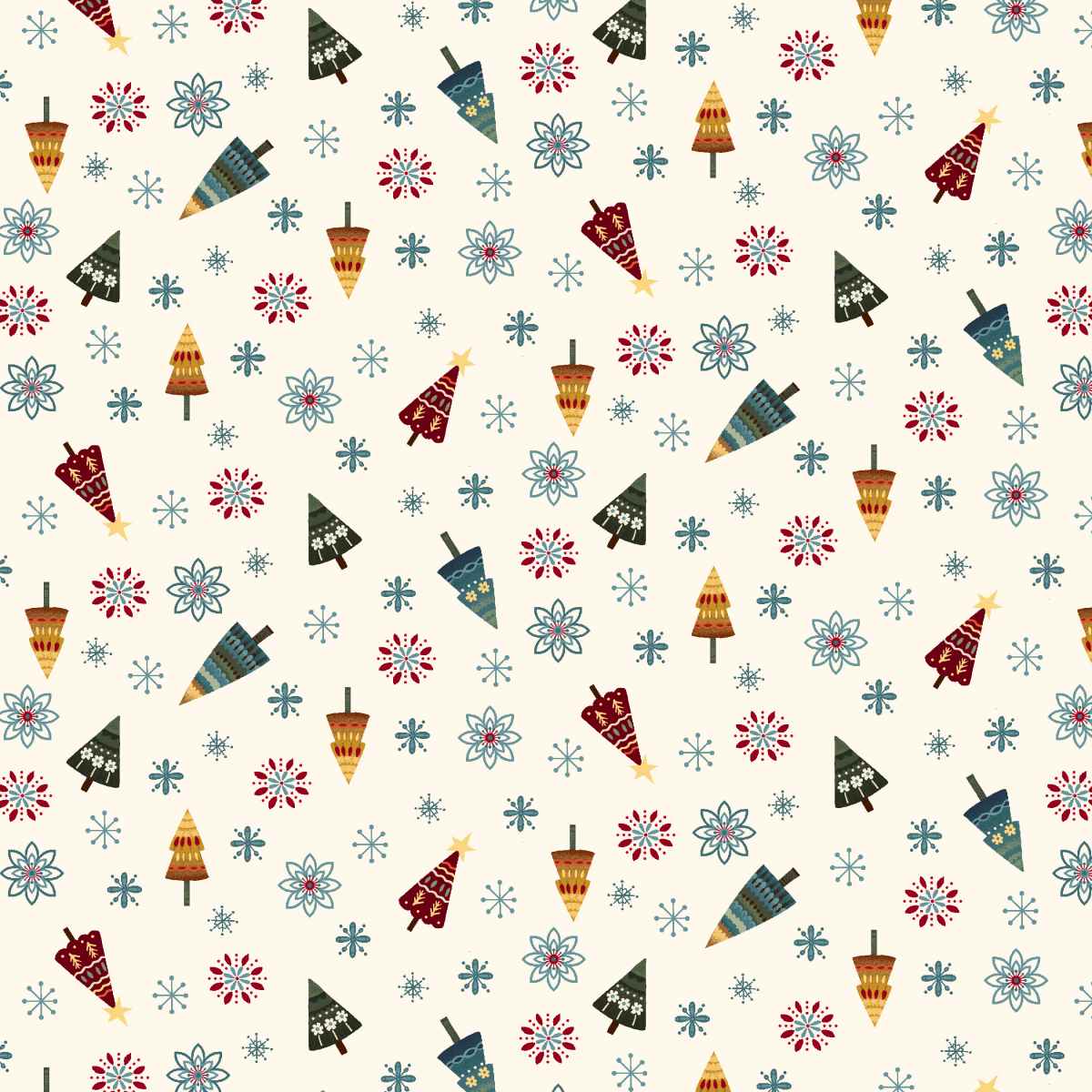 Pattern of colorful Christmas trees and snowflakes on a beige background